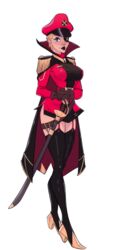 black_lipstick blonde_hair blue_eyes cape character_sheet clothed_female eyepatch female_focus female_only general gold_high_heels kink_inc. looking_at_viewer military_clothing military_hat military_jacket military_uniform model_sheet nutaku red_uniform shoulder_pads slim_waist solo_female solo_focus sword tender_troupe thighhighs titania_(kink_inc.) transparent_background wide_hips