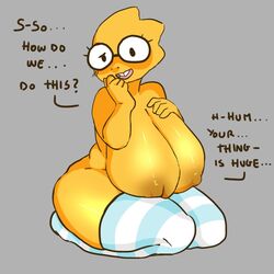 alphys anthro big_breasts breasts buckteeth clothing curvy_figure cvbe dialogue english_text eyewear female glasses hand_on_breast hand_on_face huge_breasts huge_thighs hyper hyper_breasts kneeling legwear legwear_only lizard looking_at_viewer love_handles mostly_nude nervous nipples non-mammal_breasts non-mammal_nipples open_mouth open_smile pov reptile scales scalie simple_background smile solo squish teeth text thick_thighs thigh_highs thigh_highs_only thigh_squish three-quarter_view undertale undertale_(series) voluptuous wide_hips yellow_body yellow_scales