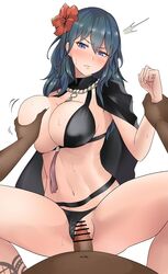 1girls alternate_costume angry arm_grab bare_midriff bikini black_bikini black_swimsuit blue_eyes blush breast_grab breasts byleth_(fire_emblem) byleth_(fire_emblem)_(female) byleth_(summer)_(fire_emblem)_(female) censored dark-skinned_male disinterested female fire_emblem fire_emblem:_three_houses fire_emblem_heroes kahun9893 large_breasts leggings male medium_hair midriff midriff_peek motion_lines nintendo official_alternate_costume penis pov pussy pussy_juice shorts solo_focus spread_legs straight sweat sweatdrop swimsuit swimwear teal_hair torn_clothes vaginal_penetration