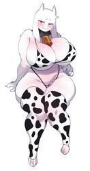 1girls anthro big_breasts blush breasts clothing cow_bikini cow_print cowbell eye_contact female fur furry furry_only horns huge_breasts large_breasts lightsource looking_at_viewer micro_bikini red_eyes solo standing thick_thighs thighhighs thighs thunder_thighs toriel undertale undertale_(series) white_body white_fur wide_hips