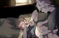 2boys attataata blush danganronpa danganronpa_3 gay hinata_hajime implied_sex male male/male male_focus male_only missionary_position nagito_komaeda shirt_lift shirt_up straight_hair tears yaoi