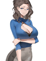 1girls 2021 aliosarvin big_breasts black_hair blue_eyes bra breasts cleavage cleavage_cutout clothed clothed_female clothing earrings female female_only fully_clothed glasses high_resolution hourglass_figure lace_trim looking_at_viewer mature mature_female original shirt simple_background skirt small_waist smile tight_clothing tight_skirt watch white_background