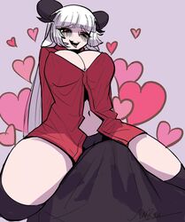 1boy 1boy1girl 1girls baphomet_(grizz) black_panties breasts cleavage clothed_sex demon_girl erection erection_under_clothes fan_character frottage goat_horns grinding helltaker large_breasts navel no_pants panties red_eyes thighhighs tongue tongue_out white_hair