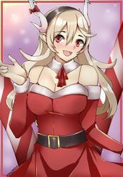 1340smile 1girls alternate_costume blonde_hair breasts christmas christmas_outfit cleavage corrin_(fire_emblem) corrin_(fire_emblem)_(female) female_only fire_emblem fire_emblem_fates hair_between_eyes hairband long_hair medium_breasts nintendo open_mouth red_eyes smile solo