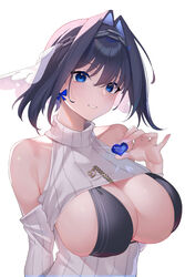 1girls 2021 bangs bare_shoulders big_breasts bikini bikini_under_clothes black_bikini black_hair blue_bow blue_eyes bow breasts chains cleavage cleavage_cutout clothing_cutout covered_nipples eyebrows_visible_through_hair female female_only hair_between_eyes head_chain heart highres holding holding_heart hololive hololive_english hololive_english_-council- hololive_english_-promise- kaneko_(bblogtinhan) large_breasts long_sleeves looking_at_viewer ouro_kronii parted_lips short_hair simple_background solo string_bikini sweater swimsuit upper_body virgin_killer_sweater virtual_youtuber white_background white_sweater