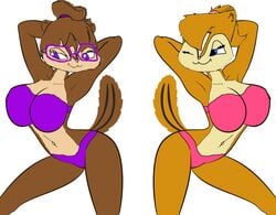 20th_century_fox 2girls akatsukishiranui-fox alluring alvin_and_the_chipmunks alvin_and_the_chipmunks_the_squeakquel anthro big_breasts bikini brittany_and_the_chipettes brittany_miller chipmunk edit female female_only gagala glasses jeanette_miller pin_up posing regency_enterprises silf sisters white_background