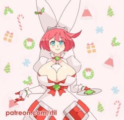 1girls 2021 ^_^ animated artist_name blue_eyes blush bouncing_breasts breast_squeeze choker christmas cleavage clothed clothing cookie dress elphelt_valentine eyebrows_visible_through_hair female female_only food gloves guilty_gear guilty_gear_xrd happy hat head_tilt holding_plate icing large_breasts open_mouth patreon pink_hair plate rtil sexually_suggestive smile solo standing suggestive_fluid tongue url watermark white_clothing