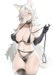 1girls 2021 aliosarvin animal_ears arm_up armwear bare_shoulders barely_clothed belly big_breasts bikini blue_eyes blush breasts collar female female_only gloves high_resolution holding_breast holding_leash holding_object leash long_gloves looking_at_viewer navel one_eye_covered original simple_background tail thick_thighs thighs white_background white_hair