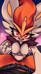 <3_eyes anthro blush bodily_fluids breasts cinderace digital_media_(artwork) duo female first_person_view heart hi_res looking_at_viewer medium_breasts nintendo nipple_outline plague_of_gripes pokémon_(species) pokemon sweat video_games