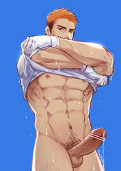 1boy abs bar_censor bara blue_eyes censored clothes_lift erection gloves gyee highres large_pectorals lifted_by_self looking_at_viewer male_focus male_only male_pubic_hair muscular muscular_male naked_shirt navel nipples nude orange_hair pectorals penis pubic_hair rand_(gyee) shirt shirt_lift short_hair simple_background solo undressing wet white_gloves white_shirt yzpyn