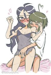 2girls blush clothed danganronpa danganronpa_ultra_despair_girls female female_focus female_only fukawa_touko lingerie mole_under_mouth naegi_komaru negligee smooth_skin tuouoyuhc yuri