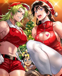 3girls adapted_costume bambietta_basterbine black_hair bleach bleach:_the_thousand-year_blood_war blue_eyes breast_tattoo breasts busty candice_catnipp center_opening christmas christmas_outfit christmas_tree cleavage cleavage_cutout clothed clothed_female clothes clothing clothing_cutout crop_top cutout daraz18aka female female_only fully_clothed giselle_gewelle gloves green_eyes green_hair hat heart hi_res large_breasts light-skinned_female light_skin long_hair looking_at_viewer multiple_girls no_bra open_mouth pov pov_eye_contact quincy revealing_clothes santa_costume santa_hat short_shorts shorts sideboob smile smirk sternritter stomach tattoo thighhighs tied_shirt white_gloves