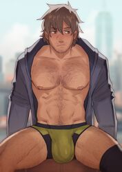 balls bara big_balls big_penis body_hair brown_hair bulge_through_clothing dreampipe facial_hair gay hairy kiashigetsnasty male male_only miguel_caballero_rojo muscles muscular penis sitting tekken tekken_7 unbuttoned_shirt underwear