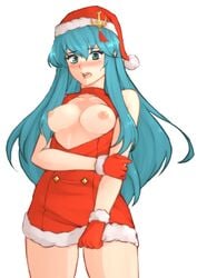 1girls absurdres alternate_costume aqua_hair bare_shoulders blue_eyes blush breasts breasts_out christmas christmas_outfit cleavage_cutout clothing_cutout collarbone dress eirika_(fire_emblem) eirika_(winter)_(fire_emblem) embarrassed female female_only fire_emblem fire_emblem:_the_sacred_stones fire_emblem_heroes full-face_blush fur_trim gloves hat highres long_hair medium_breasts more_at_source nintendo nipples official_alternate_costume open_mouth red_gloves santa_costume santa_hat simple_background solo source_larger sweatdrop teeth tridisart white_background