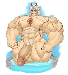 1boy abs arataki_itto balls biceps flaccid gab_art genshin_impact hyper hyper_balls hyper_genitalia hyper_penis hyper_testicles male male_focus male_only muscles muscular muscular_arms muscular_legs muscular_male muscular_thighs nipples nude pecs penis solo solo_male sweat sweating sweaty testicles veins