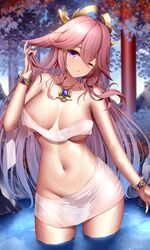 1girls abs absurdres bangs bare_shoulders bathing belly_button blush bracelet breasts casual_nudity cleavage collarbone detailed_background female genshin_impact hair_between_eyes hair_ornament highres hips huge_breasts in_water large_breasts long_hair looking_at_viewer midriff mouth_open necklace one_eye_closed open_mouth outdoor_bathing outdoors pink_hair purple_eyes shiny_skin shoulders slim_waist small_waist solo standing standing_in_water thick thick_thighs thighs towel towel_around_waist tree underboob vision_(genshin_impact) waist water wet wet_body wet_skin wet_towel wide_hips wink wrapped wsman yae_miko