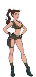 breasts brown_eyes brown_hair character_sheet clothed_female female_focus female_only fingerless_gloves green_shorts green_tank_top gun_holster heel_boots kink_inc. lana_(kink_inc.) lara_croft lara_croft_(cosplay) light-skinned_female looking_at_viewer model_sheet nutaku ponytail short_shorts slim_waist solo_female solo_focus tender_troupe tomb_raider transparent_background