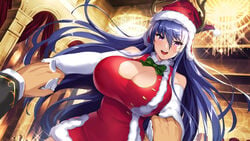 1boy 1girls action_taimanin akiyama_rinko big_breasts blue_hair christmas female fuuma_kotaro_(taimanin) game_cg long_hair purple_eyes santa_suit smile taimanin_(series)