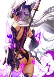 1girls ass athenawyrm back_view bare_shoulders big_ass black_leotard dark-skinned_female dark_skin elbow_gloves female female_only gloves holding_object holding_weapon latex leotard long_hair looking_at_viewer looking_back purple_eyes solo solo_female t-elos thighhighs video_games weapon white_background white_hair xenoblade_(series) xenoblade_chronicles_2 xenosaga