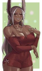 1girls big_breasts bikini_tan blush breasts brown_lips bunny_ears bunny_girl choker christmas clothed collarbone covered_navel curvy dark-skinned_female dark_skin eye_contact female fully_clothed green_fingernails gud0c hoop_earrings huge_breasts long_eyelashes long_hair looking_at_viewer minidress miruko mismatched_tanlines my_hero_academia off-shoulder_dress red_dress red_eyes rumi_usagiyama silver_hair solo standing tanline thick_thighs thighs voluptuous white_hair wide_hips