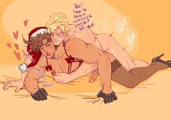 <3 2boys arm_around_chest battle_tendency blonde_hair blonde_hair_on_brown_hair blonde_hair_top brown_hair brown_hair_bottom caesar_zeppeli christmas clothed_male_nude_male cmnm crossdressing deli_kinkyham dialogue dirty_talk doggy_style domination english_text from_behind gay genitals gloves groping groping_from_behind heart heels high_heels jojo's_bizarre_adventure joseph_joestar legwear light_hair_on_dark_hair lingerie male male/male male_in_lingerie male_moaning male_only male_penetrated male_penetrating male_penetrating_male manly_crossdresser moaning muscular muscular_male nip_slip nipple_slip pecs penis precum red_lingerie red_lipstick santa_hat stockings text thigh_highs thighhigh_stockings thighhighs thrusting thrusting_into_ass yaoi