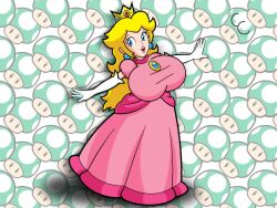 1girls alternate_breast_size big_breasts blonde_hair blue_eyes breasts clothed clothing cootercheck dress elbow_gloves female female_only full_body gloves huge_breasts long_hair mario_(series) nintendo pink_dress princess_peach solo standing super_princess_peach tight_clothing