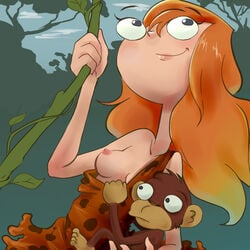 arumajiro candace_flynn long_hair medium_breasts monkey one_breast_out orange_hair phineas_and_ferb smile swinging vine