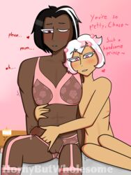 2boys assisted_masturbation bad_anatomy black_hair blush completely_nude cookie_run crossdressing dark-skinned_male dark_choco_cookie dark_skin dialogue gay height_difference hornybutwholesome interracial light-skinned_male light_skin lingerie male male/male male_only masturbation nude penis pink_eyes pink_hair praise precum precum_drip red_eyes size_difference small_dom_big_sub somewhat_wholesome text touching_chest touching_penis whipped_cream_cookie white_hair white_streak wholesome yaoi