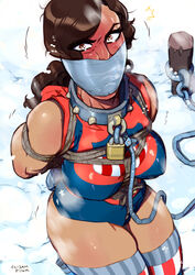 1girls america_chavez angry animal_collar big_breasts blush bondage bound_arms breast_bondage brown_eyes brown_hair dark-skinned_female elijah_pink female female_only gag gagged jewelry kneeling large_breasts leash long_hair marvel marvel_comics miss_america ms._america padlock rope_bondage snow solo solo_female spiked_collar superheroine sweat tape_gag thighhighs