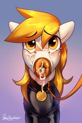 absurd_res amber_eyes anus blonde_hair blush bodily_fluids clothing collar crying cum cum_in_mouth cum_inside cum_on_face earth_pony equid equine eyebrow_through_hair eyebrows fan_character fleshlight_gag gag genital_fluids gradient_background hair hasbro hi_res horse jedayskayvoker latex latex_skinsuit leash male mammal my_little_pony neck_bulge penetrable_sex_toy penetrable_sex_toy_in_mouth pet_tag petplay pony portrait puffy_anus questionable_consent roleplay rubber rubber_clothing rubber_suit sex_toy simple_background solo sparkling_fire_(oc) tears translucent translucent_hair