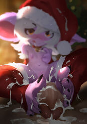 1boy 1girls after_footjob barefoot christmas cum cum_between_toes cum_on_feet cum_on_penis dark-skinned_male erection feet female foot_fetish footjob league_of_legends lewdzure male penis santa_hat straight toeless_legwear toes tristana yordle