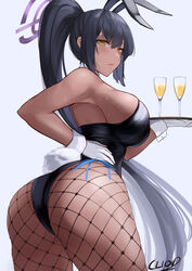 1girls 2021 2d_(artwork) alcohol animal_ears artist_name ass bare_shoulders black_hair black_leotard blue_archive breasts bunny_ears bunny_tail bunnysuit champagne cliov closed_mouth cowboy_shot cup dark-skinned_female dark_skin detached_collar eyebrows_visible_through_hair fake_animal_ears female female_focus female_only fishnet_legwear fishnets gloves grey_hair hair_between_eyes halo hand_on_hip high_ponytail highleg highleg_leotard highres holding holding_tray karin_(blue_archive) karin_(bunny)_(blue_archive) large_breasts legs_apart leotard lips long_hair looking_at_viewer looking_back multicolored_hair official_alternate_costume pantyhose playboy_bunny sideboob sidelocks simple_background solo solo_female strapless strapless_leotard sweat tail thighs tray very_long_hair white_background white_gloves white_hair wrist_cuffs yellow_eyes