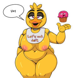 2019 acstlu animatronic anthro apron avian beak belly big_breasts bird breasts chica_(fnaf) chicken classic_chica_(fnaf) clothing cupcake cupcake_(fnaf) curvaceous curvy_figure deep_navel digital_media_(artwork) family_guy featureless_crotch female five_nights_at_freddy's food funny funny_face galliform gallus_(genus) hi_res lipstick machine makeup meme navel nipples non-mammal_breasts overweight overweight_female peter_griffin phasianid purple_eyes robot solo text thick_thighs video_games voluptuous wide_hips yellow_body