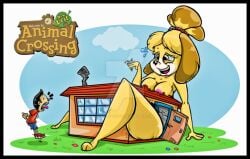 2018 animal_crossing anthro bodily_fluids body_size_growth breasts building canid canine canis cloud destruction domestic_dog duo female flying_sweatdrops fur giantess grass human isabelle_(animal_crossing) logo macro male mammal nafyo-toons nintendo nipples outside plant size_transformation smile sweat sweatdrop transformation video_games villager_(animal_crossing) yellow_body yellow_fur