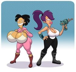 2girls amy_wong big_breasts black_hair bra breast_envy breast_expansion breasts cleavage dustindemon envy futurama grin huge_breasts jealous jealousy lips one_eye pants ponytail purple_hair short_hair smile smiling smug tank_top turanga_leela undressing upset