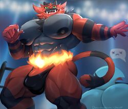 2021 abs after_fight ambiguous_gender anthro ass barazoku big_bulge big_muscles big_nipples big_pecs blurred_background bulge claws clothed clothing collaboration demondragoncyan dialogue_box duo erection erection_under_clothing faceless_character feraligatr fighting_ring fire fur gasaiv genitals hi_res huge_muscles incineroar looking_at_viewer low-angle_view lying male male_only muscular muscular_anthro muscular_male nintendo nipples obliques on_front open_mouth open_smile pecs penis pictographics pokémon_(species) pokemon signature smile solo_focus spotlight standing teeth thick_thighs thong tongue tuft unconscious underwear video_games