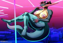 absurd_res anthro areola artofthediscipline big_areola big_breasts breasts dragapult feet female floating ghost hi_res looking_at_viewer nintendo nipples nude pokémon_(species) pokemon pole simple_background solo spirit strip_club video_games