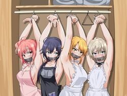 1boy 3girls arms_above_head arms_up blonde_hair blue_eyes blue_hair bondage both_sexes_in_same_situation bound_wrists cuffs female femboy femsub gag gagged green_eyes handcuffed handcuffs high_resolution isshiki_iroha looking_at_viewer multiple_girls multiple_subs my_teen_romantic_comedy_snafu naked_apron pink_hair red_eyes restrained restraints sharpffffff tape tape_gag totsuka_saika trap white_hair yellow_eyes yuigahama_yui yukinoshita_yukino