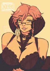 1girls artist_signature au_ra biglewdnai bra bra_strap buckle choker cleavage female female_only final_fantasy final_fantasy_xiv glasses horns huge_breasts kyari_layarte pink_hair smile xaela