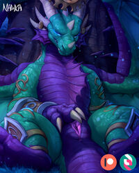 6_horns blizzard_entertainment blue_eyes digital_media_(artwork) dragon facial_horn female feral finger_fuck fingering fingering_self genitals green_body green_scales hi_res horn lying masturbation membrane_(anatomy) membranous_wings multi_horn multicolored_body multicolored_scales nawka nose_horn on_back purple_body purple_scales pussy quadruped scales scalie solo spread_legs spreading two_tone_body two_tone_scales vaginal_masturbation vaginal_penetration video_games warcraft western_dragon wings ysera