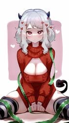 1girls 2021 2d_(artwork) blush breasts christmas cleavage cleavage_cutout clothed clothed_female demon demon_girl demon_horns facing_forward female female_only heart-shaped_pupils helltaker hizake horns horny huge_breasts kashu_(hizake) keyhole_turtleneck kneeling long_tail looking_at_viewer modeus_(helltaker) pale-skinned_female pale_skin red_eyes red_sweater ribbon short_hair simple_background skindentation straight_hair striped_thighhighs sweater tail thick_thighs thighhighs thighs white_hair