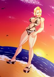 1girls android_18 beach blonde_hair blue_eyes boots cleavage curvy dragon_ball erect_nipples female high_heel_boots high_heels huge_areolae huge_ass huge_breasts latex latex_bikini puffy_nipples santaima_z short_hair sunset thick_lips voluptuous wide_hips yellow_hair