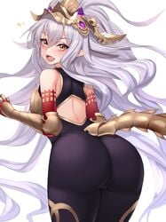 1girls 2021 2d_(artwork) ass ass_focus back_view backless_outfit big_ass bodystocking bubble_butt cameltoe cute_fang female female_only gold_eyes granblue_fantasy hi_res kuavera large_ass long_hair looking_at_viewer medusa_(granblue_fantasy) open_mouth pointy_ears simple_background small_breasts smile tail thick_thighs thighs very_long_hair white_background white_hair