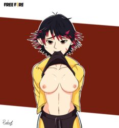 black_and_yellow_clothing black_hair black_shirt brown_eyes free_fire jacket_open kelly_(free_fire) rebut. red_hair shirt_up showing_breasts yellow_jacket_(clothing)