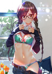 2d_(artwork) alternative_costume alternative_hairstyle black-framed_eyewear black_hair blush bra braid breasts brown_eyes brown_hair cleavage closed_mouth denim female flower flower_(symbol) flower_clip green_bra green_panties green_underwear hair_ornament hairclip high_resolution hips indoors jeans kanojo_okarishimasu large_filesize lifted_by_self lingerie long_hair looking_at_viewer medium_breasts megane midriff mizuhara_chizuru navel open_clothes open_pants open_shirt pants pantsu pillow polka_dot polka_dot_shirt presenting presenting_breasts red_eyes room shirt shirt_lift solo sunbeam sunlight sweater sweater_lift sydus tied_hair tree twin_braids unbuttoned underwear undressing very_high_resolution white_shirt window