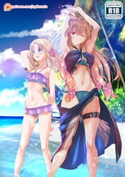 2d_(artwork) 2girls ahoge animal_ears aqua_bikini aqua_swimsuit arm_behind_back arms_up bikini blonde_hair blue_eyes blue_sky breasts brown_hair buckle clavicle cloud day feathered_wings female filo filo_(tate_no_yuusha_no_nariagari) floating_hair hair_intakes halterneck high_resolution long_hair multiple_girls navel one_arm_up outdoors patreon_logo purple_bikini raccoon_ears raccoon_girl raccoon_tail raphtalia sarong shiny shiny_hair sky small_breasts standing swimsuit sydus tail tate_no_yuusha_no_nariagari thigh_strap tied_hair twintails very_long_hair watermark web_address white_wings wings