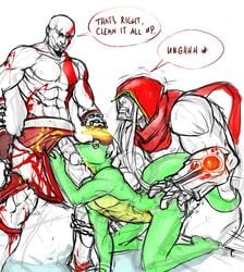 3boys crossover darksiders gay god_of_war interspecies kratos male male_only multiple_males nude sex threesome war_(darksiders) yaoi