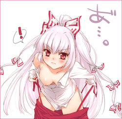 breast_slip breasts down_blouse fujiwara_no_mokou kanda_aya leaning_forward long_hair nipple_slip nipples no_bra one_breast_out red_eyes touhou undressing white_hair