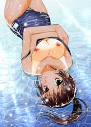 breasts brown_eyes brown_hair clothes color female female_only hair kyon kyonko lying nipples on_back open_eyes rule_63 solo suzumiya_haruhi_no_yuuutsu tagme tan_skin tanline water