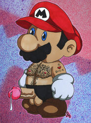 1boy artist_signature balls ballsack black_hair blue_eyes body_hair christian_(artist) color cum cum_drip erection facial_hair footwear gloves hairy_male hat human male male_nipples male_only manly mario mario_(series) mature_male mustache nintendo paper_mario penis penis_out round_ears scrotum shoes short_hair solo straight_hair tattoo testicles toony topless veiny_penis